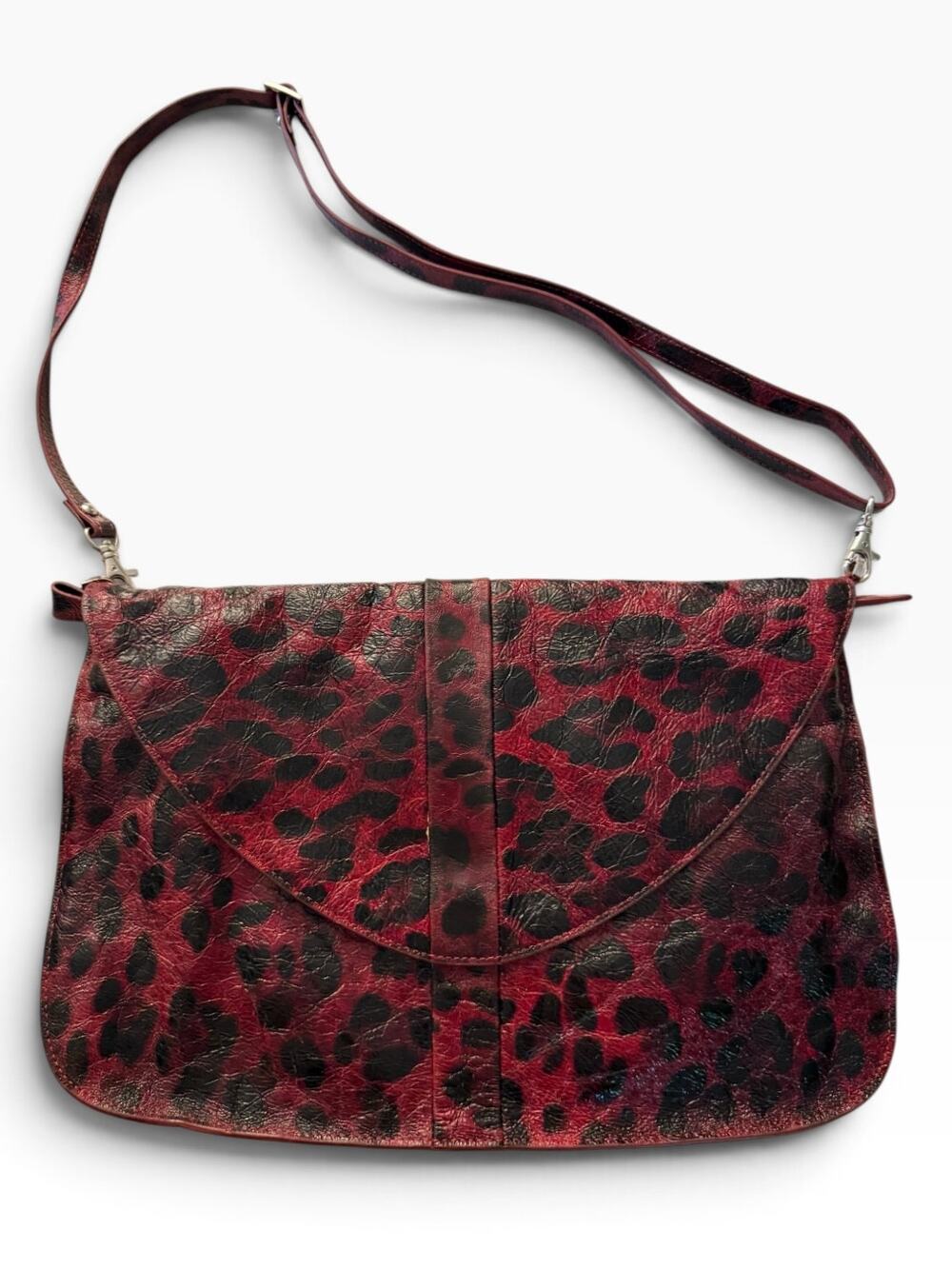 Lodis Vintage Red Black Crinkled Leather Leopard Print Convertible Bag
